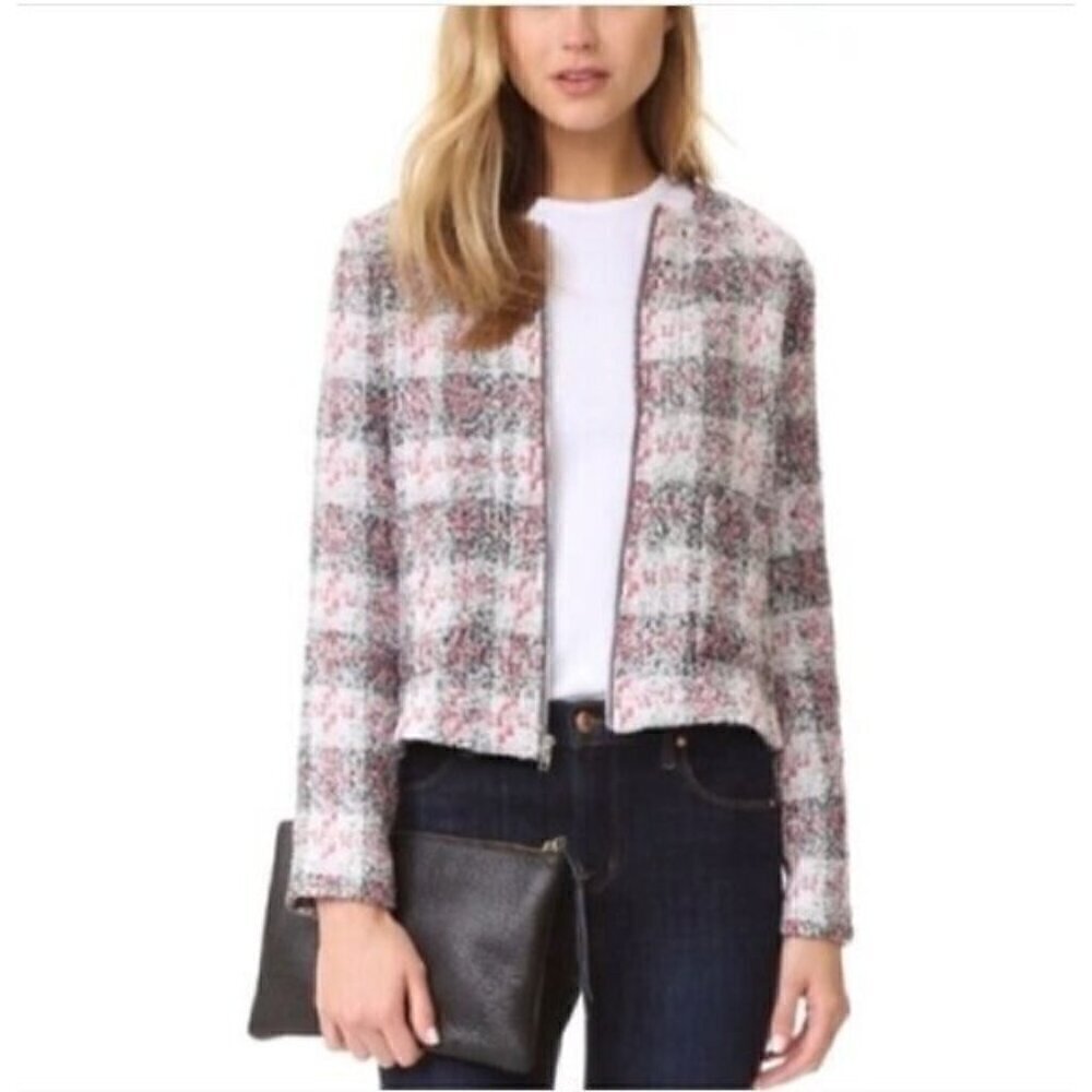 Cupcakes and Cashmere Jacket Womens Large Plaid Boucle Zip Up Classic Academia